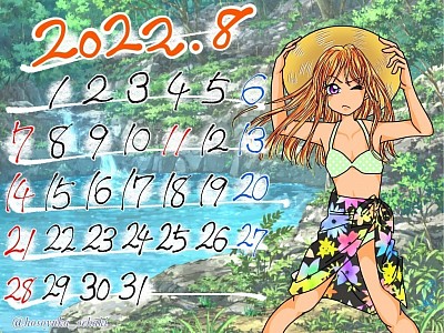 カレンダー イラスト 夏 女の子 水着 夏のお嬢さん 元気 オリジナ