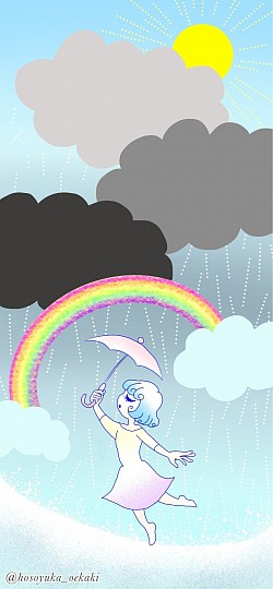 季節イラスト 女の子 雨 梅雨 虹 傘 オリジナルイラスト スマホ端末サイズ 壁紙 デジタル画