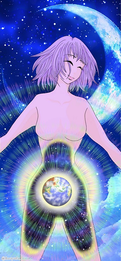 オリジナルイラスト 月 小宇宙 女性 デジタル画 地球 スマホで指描き 宇宙 神秘的