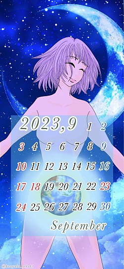 カレンダーイラスト 9月 月夜 女性 小宇宙 神秘的 オリジナル デジタル画 イラスト