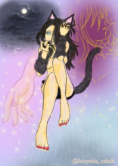 オリジナルイラスト 黒猫 猫 女の子 イラスト 雨 月夜 デジタル画 スマホ指描き