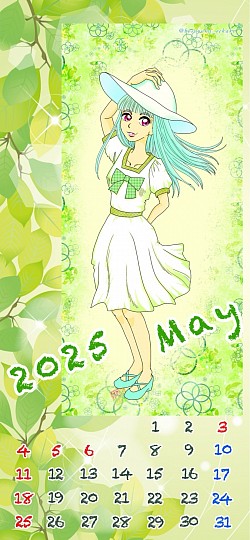カレンダーイラスト そよ風 初夏 女の子イラスト 立ち絵 新緑の季節 デジタル画 スマホ指描き オリジナルイラスト
