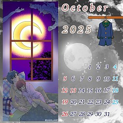 10月カレンダー 楽曲オマージュ オリジナル 秋の夜長 スマホ指描き 月夜 男女イラスト