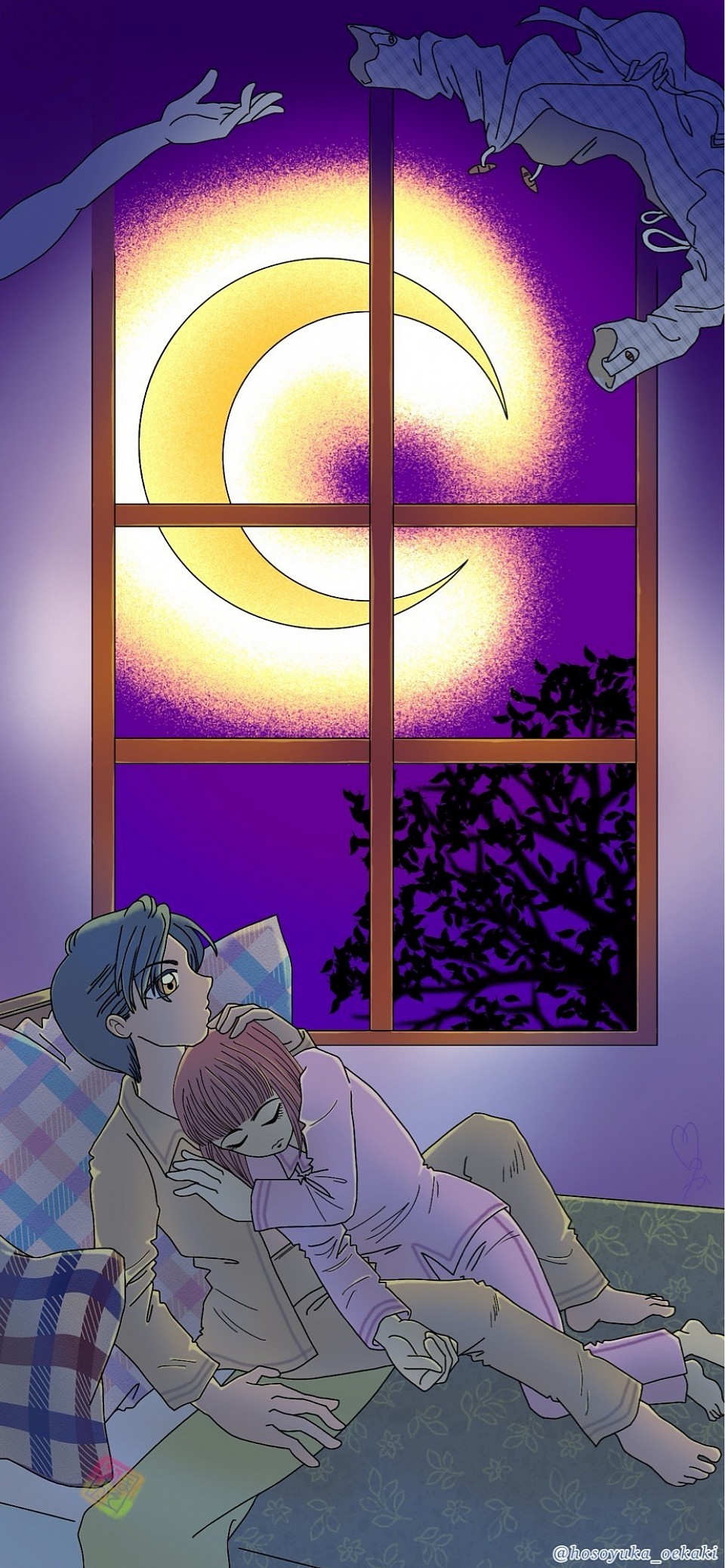 スマホ端末サイズ イラスト 楽曲オマージュ 僕の胸でおやすみ 秋の夜長 男女 スマホ指描き