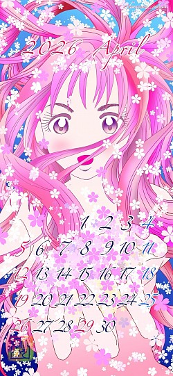カレンダー 4月 桜吹雪 スマホ指描き オリジナルイラスト